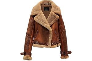 Women’s Distressed Brown Sheepskin Leather B3 Aviator Jacket – Sherpa Shearling Faux Fur Collar, Warm Asymmetric Zipper