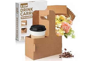 ZPU 2 Cup Drink Carrier with Handle, 15Pcs 12-20oz Cardboard Coffee Cup Holders, Disposable Portable Foldable 2 or 4 Cup Carriers for Drinks, Takeout, Cafe and Restaurant Food Service Delivery