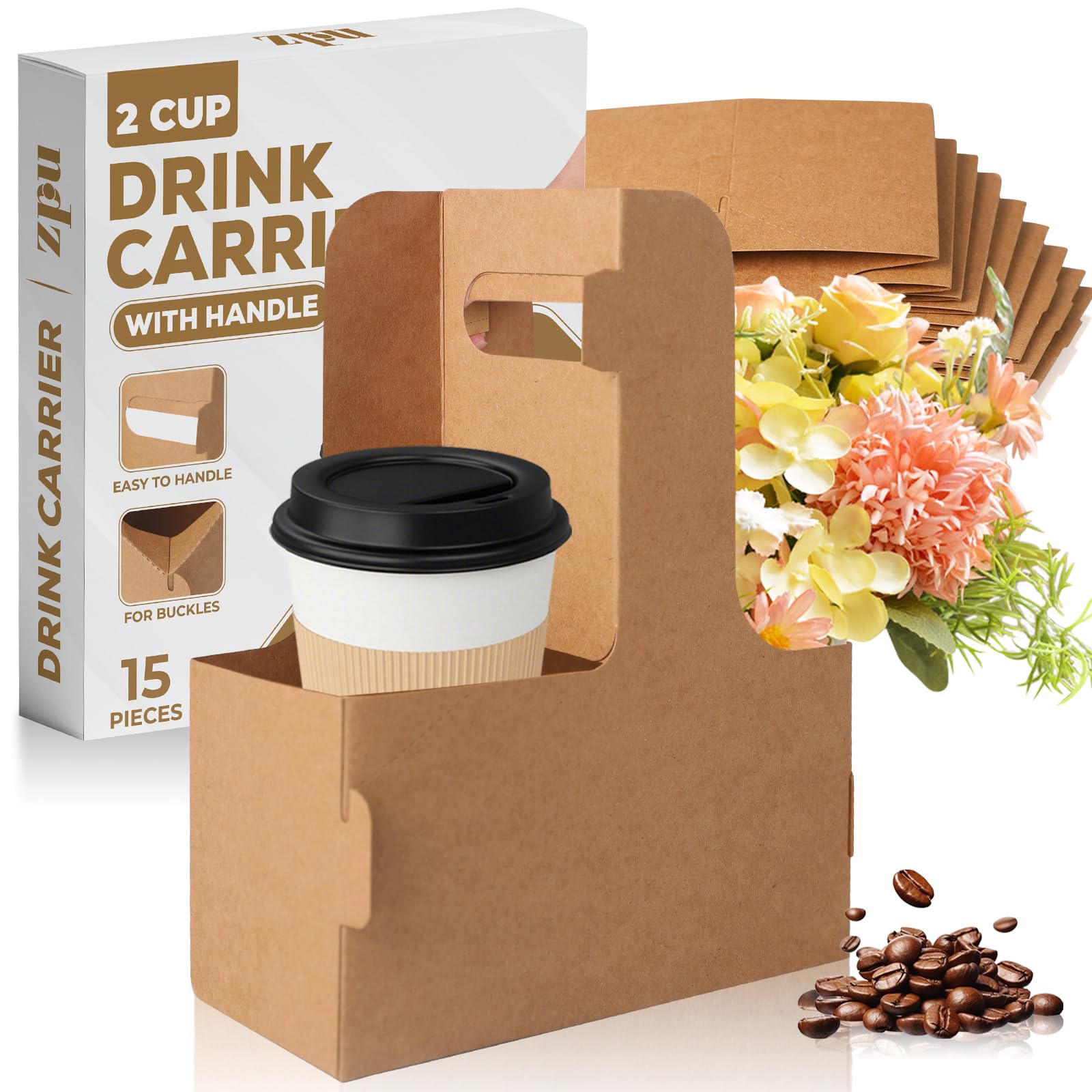 Photo 1 of ZPU 2 Cup Drink Carrier with Handle, 15Pcs 12-20oz Cardboard Coffee Cup Holders, Disposable Portable Foldable 2 or 4 Cup Carriers for Drinks, Takeout, Cafe and Restaurant Food Service Delivery