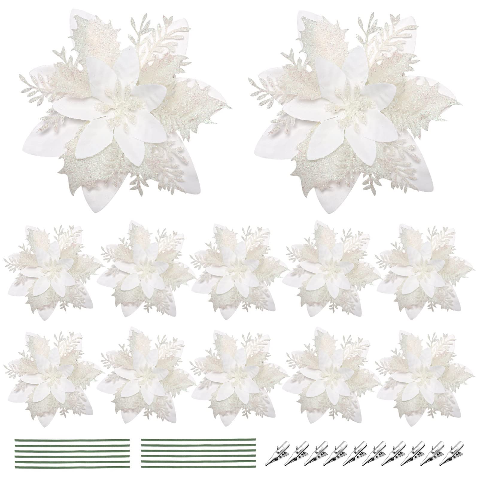Toddmomy 12pcs White Poinsettia Artificial Flowers, Christmas Glitter Poinsettia Flowers Christmas Tree Floral Decorations with Clips and Stems for Xmas Wedding Party Wreath