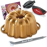 Nordic Ware Original 12 Cup Anniversary Gold Bundt Pan With 3 in 1 Bundt Cleaning Tool + Recipe Card and Pot Handle Holder