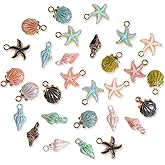 30 Pack Starfish Conch Sea Shell Pendants, Ocean Starfish Conch Seashell Metal Gold Plated Enamel Charms Pendants for DIY Jewelry Accessories Charms Handmade