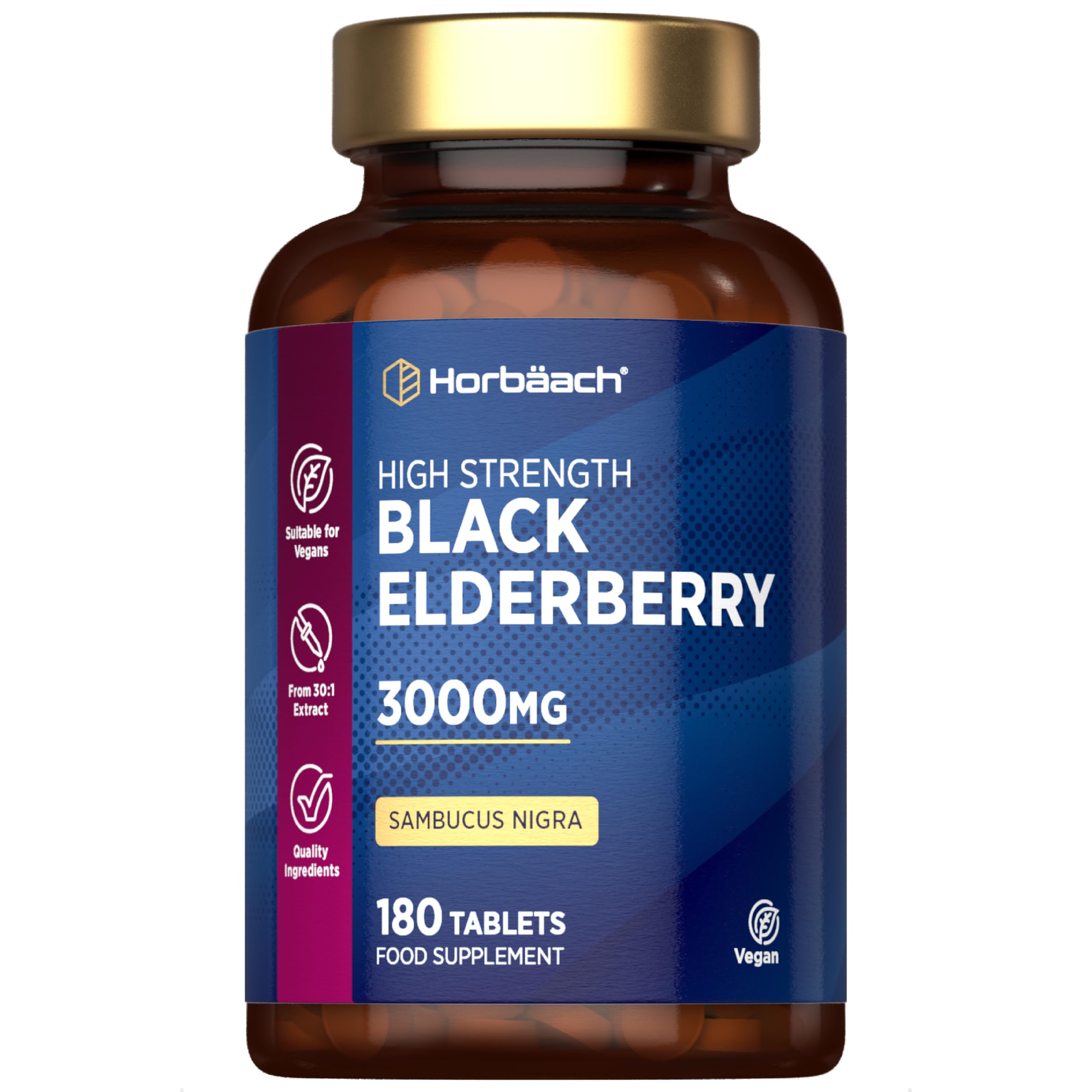 Elderberry Supplement 3000mg | Black Sambucus Nigra Tablets | High Strength Extract | 180 Vegan Tablets | by Horbaach