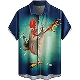 Hardaddy Men's Gongfu Rooster Chest Pocket Printed Short Sleeve Button Down Summer Casual Shirt