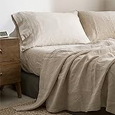 Simple&Opulence 100% Linen Sheet Set with Embroidery Washed - 3 Pieces (1 Flat Sheet & 1 Fitted Sheet & 1 Pillowcase) Natural Flax Soft Bedding Breathable Farmhouse - Linen, Twin Size