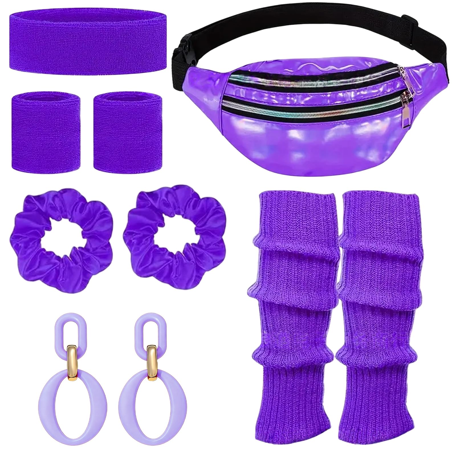 80s Outfit Women's Retro Costume Clothing Accessories 80s 90s Clothing Costume Accessories Headband,Bracelets,Leg Warmers,Earrings,Belt Bag and Glasses for Carnival Neon Party (6, Purple, One Size)