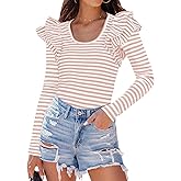 ZESICA Womens Ruffle Long Sleeve Scoop Neck Shirt Striped Slim Fitted Casual Basic Tee Tops Trendy Spring Clothes