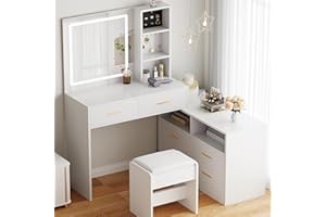 BEWISHOME White Vanity Desk with Mirror and Lights,Makeup Vanity L Shape Change Makeup Desk with 6 Drawers Stool Power Outlet Jewelry Storage,Dressing Table with Dresser for Bedroom Girls Women FST26W