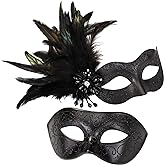 MYSEUNI Black Couples Masquerade Mask Set - Women's Masquerade Masks with Feathers & Venetian Mask for Men, Mardi Gras, Halloween, Cosplay, Prom, Christmas