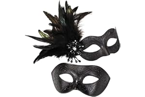 MYSEUNI Black Couples Masquerade Mask Set - Women's Masquerade Masks with Feathers & Venetian Mask for Men, Mardi Gras, Halloween, Cosplay, Prom, Christmas
