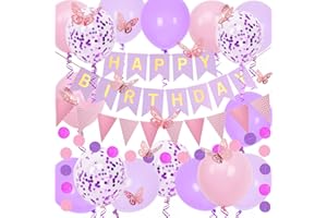 DOUVELUE Purple and Pink Birthday Decorations, Happy Birthday Banner and Purple Pink Balloons, Butterfly Stickers with Circle Dot Paper Garland, Bunting Banner, for Party Decorations