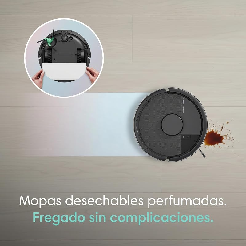 Aspirador e esfregão robô Roomba Mini com base AutoEmpty (até 90 dias), Navegação LiDAR, Sucção 7000 Pa, Design Compacto para Espaços Reduzidos, App, Esfregonas Perfumadas, Preto