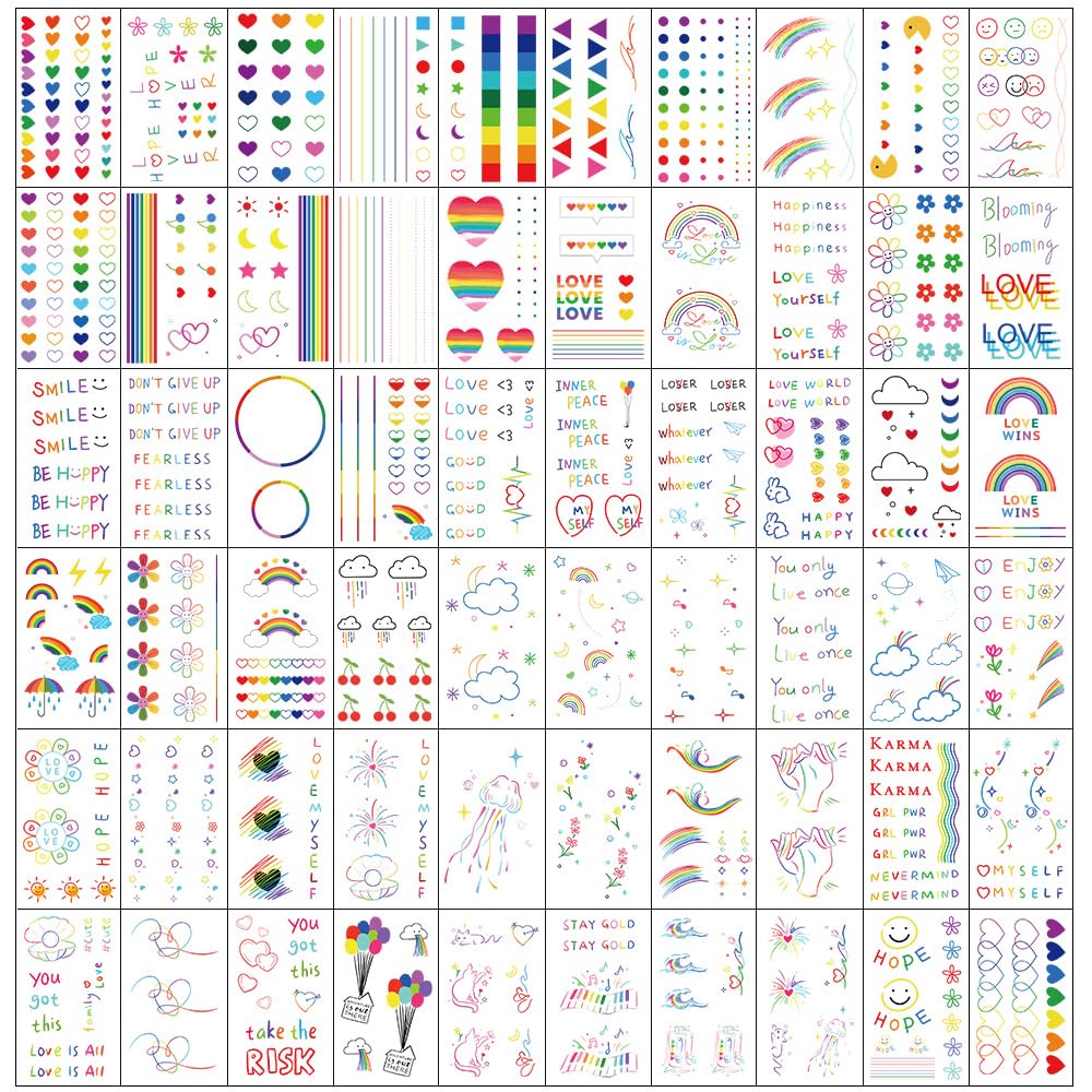 Esland Rainbow Doodles Temporary Tattoos Packgae 60 Pcs Vibrant Designs Hearts Dots Geometrics Words Quotes Fake Tattoos Stickers for Kids and Women