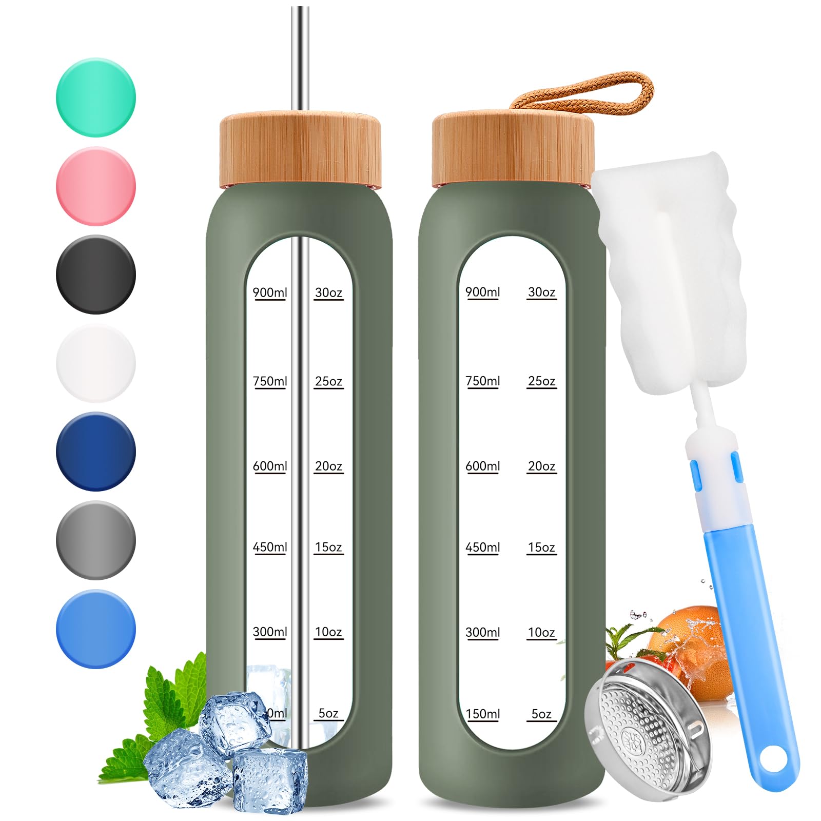 32oz Glass Water Bottle with Time Marker - 1000ml Large Motivational Water Bottle with 2 Bamboo Lids, Sealed & Straw Hole, 1L Bottle for Fitness with Stainless Steel Straw & Silicone Case (Green)