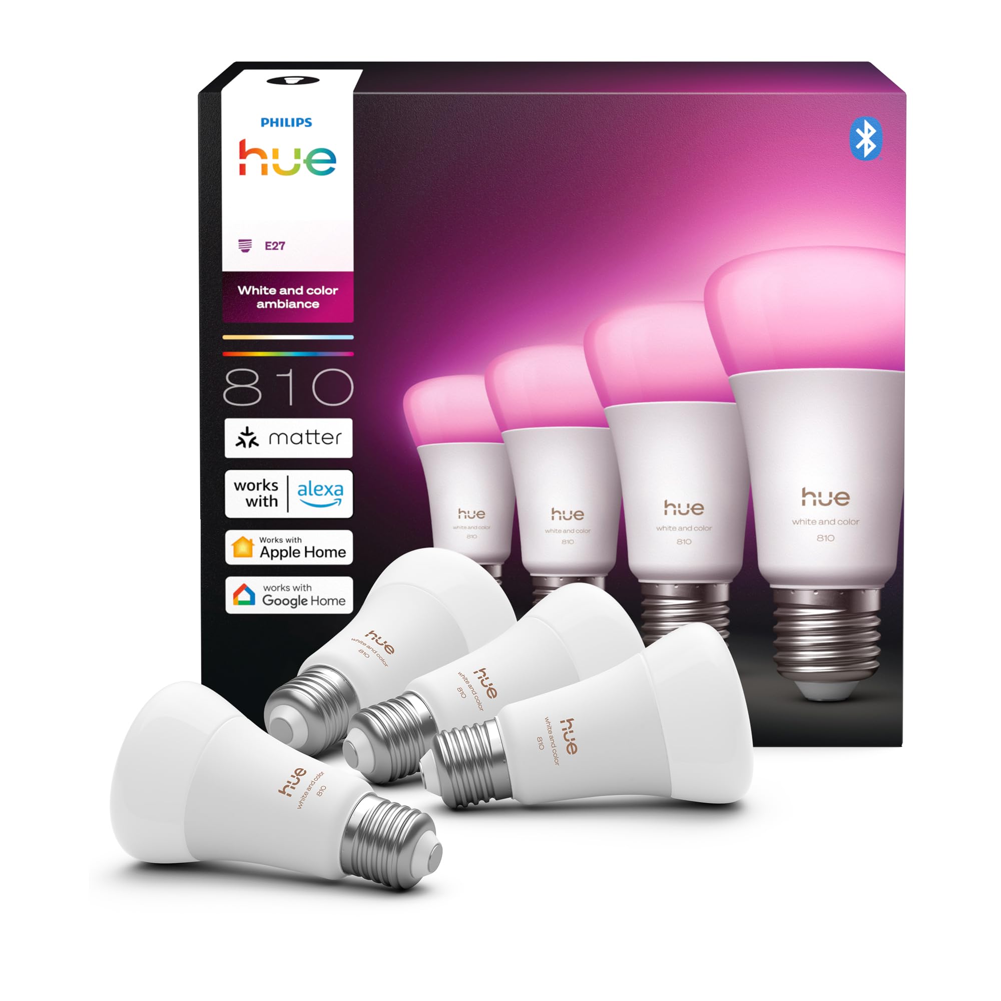 Philips Hue Smart LED A60 Lampe, Weiß und Color Ambiance, E27 Fassung, 6W, Vollspektrumlicht 1000K-20000K, 810 Lumen, dimmbar, kompatibel mit Alexa, Google Assistant und Apple Home, 4er Pack
