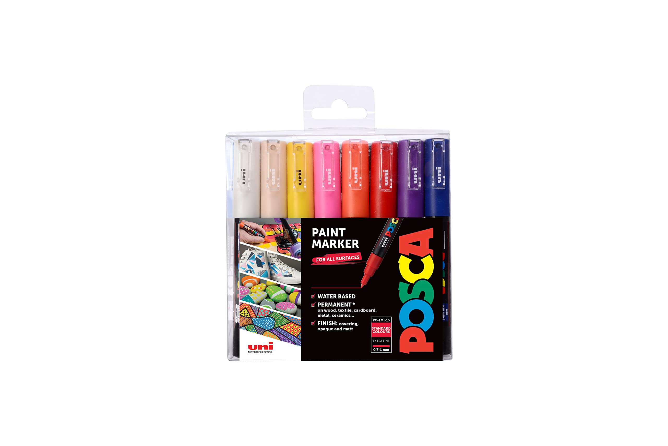 POSCA PC-1M Permanent Marker Paint Pens. Extra Fine Tip for Art & Crafts. Multi Surface Use On Wood Metal Paper Canvas Cardboard Glass Fabric Ceramic Rock Pebble Porcelain. Set of 16 Standard Colors