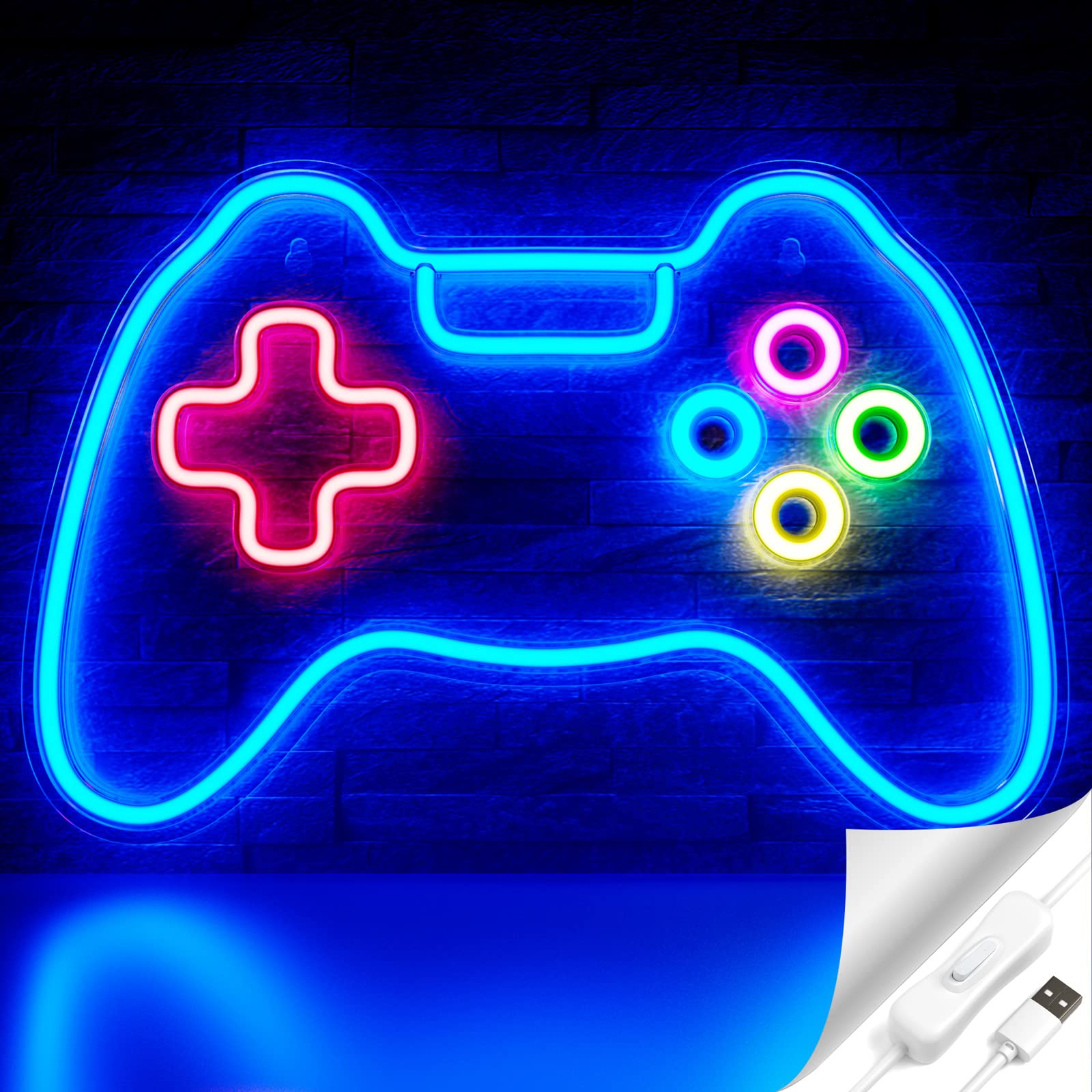 Cisteen Game Neon Sign, Gamepad Shape LED Neon Light Signs with Acrylic Board, USB Powered Game Room Decoration Wall Light, Gamer Gifts Neon Lights for Boys Teen Gaming Zone Party,Bedroom,Man Caves