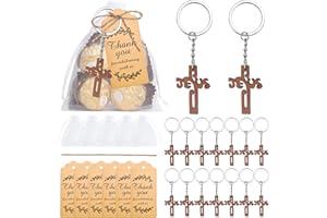 YYBD 25 Set First Communion Gift Wooden Cross Keychains with Thank You Tags & Mesh Bags Rosary Catholic Pendants Easter Baske
