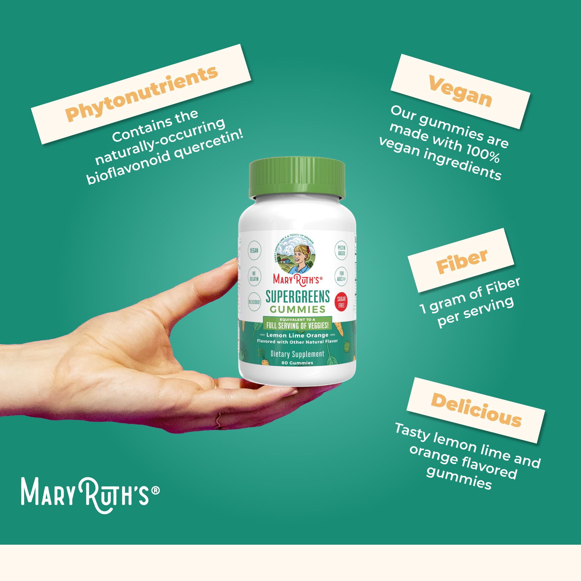 MaryRuth Organics Super Greens Gummies | Naturally-Occurring Quercetin for Adults and Kids Ages 4+ | Sugar Free | 2g Fiber Per Serving | Vegan | No Gelatin | Pectin Based | 60 Count | 30 Servings