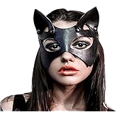 Soochat Women's Cat Mask Black Leather Masquerade Half Face Mask for Halloween Cosplay Costume Accessory