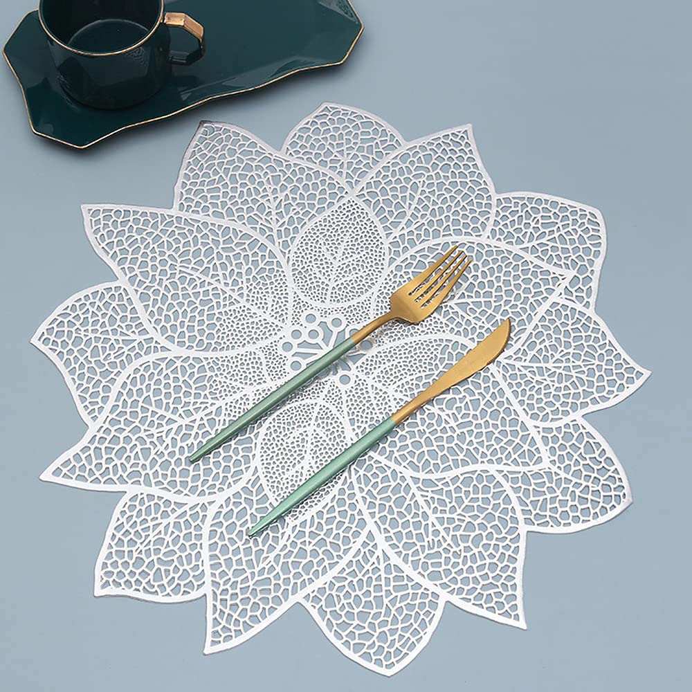 Hosoncovy 4 Pack PVC Placemats Lotus Placemats Waterproof Oilproof Table Placemats Set of 4 Decorative Placemats for Home Table Wedding Party (Silver)