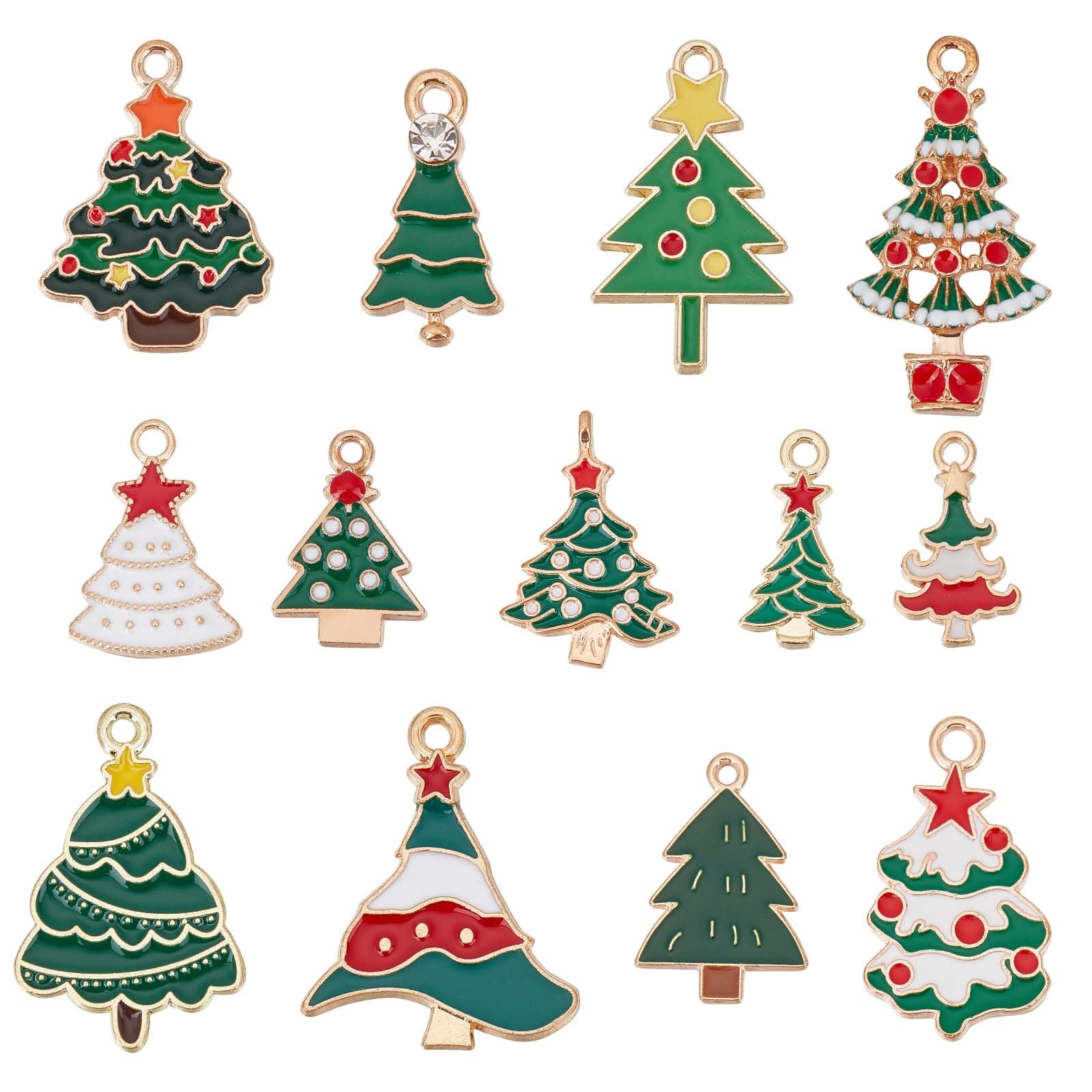 SUNNYCLUE 1 Box 52Pcs Christmas Tree Charms Green Enamel Charm Winter Xmas Trees Rhinestone Snow Assorted Cute Christmas for jewellery Making DIY Necklace Earrings Bracelets Craft — image 1