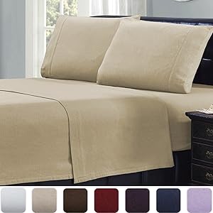 Mellanni Queen Flannel Sheet Set - 4 pc Luxury 100% Cotton - Lightweight Bed Sheets - Cozy, Soft, Warm, Breathable Bedding - Deep Pockets - All Around Elastic (Queen, Beige)