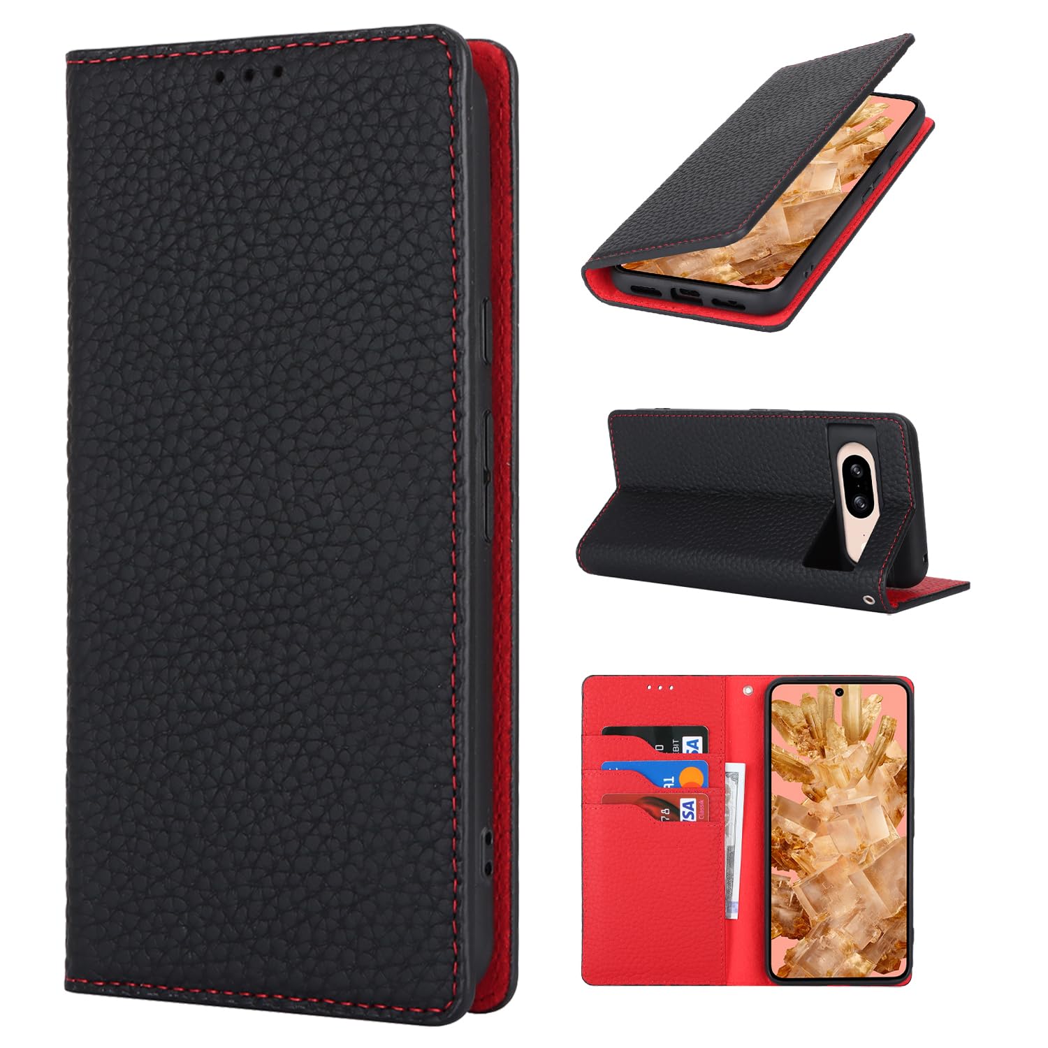 Cavor Phone Case compatible with Google Pixel 8,Flip Genuine Leather Wallet Case,[3 Card Holders][Magnetic][RFID-Blocking][Mit Lanyard],Protective Case Cover - Black