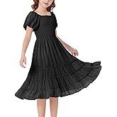 GRACE KARIN Girls Short Sleeve Smocked Summer Ruffle Dresses 7-14Y Teen Square Neck Casual Party Midii Maxi Dress