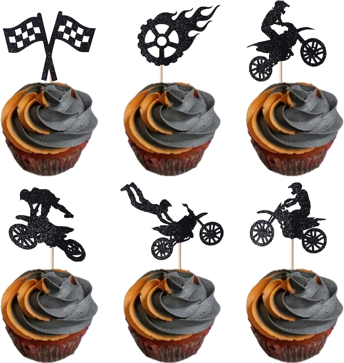 SYKYCTCY 24 Pack Motorcycle Cupcake Toppers Black Glitter Motocross Dirt Bike Party Cupcake Picks for Sports Motocross Theme Man Boy Birthday Party Cake Decorations Supplies