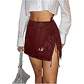 Verdusa Women's Floral Sequin Lace Up Mini Skirts Summer Vacation Slit Bodycon Skirt