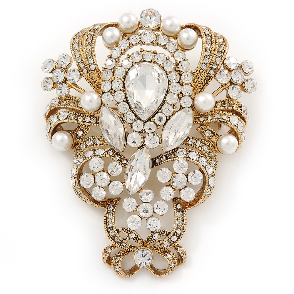 Vintage Inspired Bridal/Wedding Clear Austrian Crystal, White Glass Pearl Corsage Brooch In Gold Tone - 65mm L