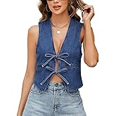 Ladyful Womens Denim Vest V Neck Bow Tie Front Shirt Jean Vest Sleeveless Lightweight Summer Sexy Waistcoat Top