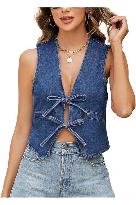 Denim Vest Women Women's Bow Tie Denim Vest Ruffle Hem
