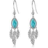 AVECON Feather Dangle Earrings for Women 925 Sterling Silver Earrings Teal Turquoise/Turquoise/Labradorite/Moonstone Drop Earrings with Feather Boho Vintage Leaf Hook Earrings Western Jewelry Gifts