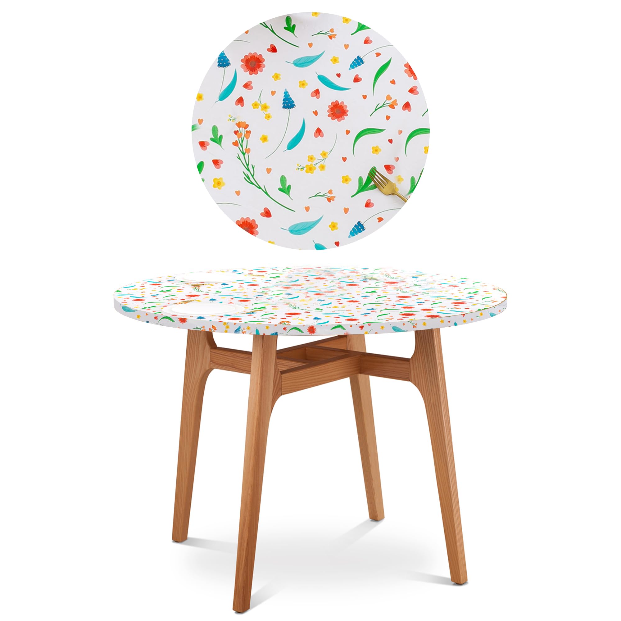 GRISHA Waterproof Round Tablecloth,Elastic Edged Fitted,Oilcloth,PVC,Wipeable,Outdoor circular plastic cover. (White Multicolor, 114x142cm)