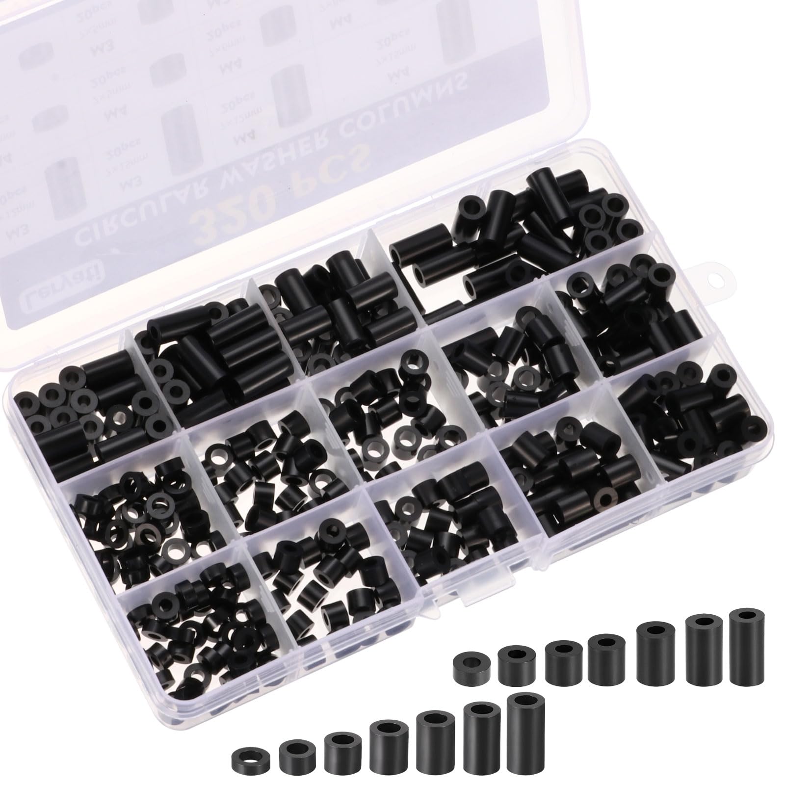 PATIKIL M3 M4 Nylon Spacers, 320Pcs Plastic Spacer Assortment Spacer Screw Standoff Round Electrical Outlet Spacers for 1/8 5/32 in Screw Bolts Hardware Receptacle, Black
