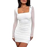 BORIFLORS Women's Sexy Ruched Bodycon Mini Dress Mesh Long Sleeve Club Party Short Dresses
