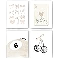 okaxscm Beige Coquette Trendy Preppy Wall Art Prints Set of 4, Coquette Room Decor, Preppy Room Decor Aesthetic, Beige Bow Disco 8 Ball Cherry Wall Decor Posters for Girls Bedroom Dorm, 8x10 Unframed