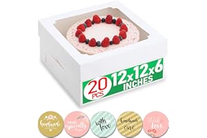 BAREGAMYAN 12x12x6 Bulk 20 Pcs Cake Boxes 12 Inch with Window Clear Bakery Dessert Box Square White Large Disposable Pie Boxes Package for Bake Goods Paper Pastry Packaging Delivery Box (80 Pcs Stickers)