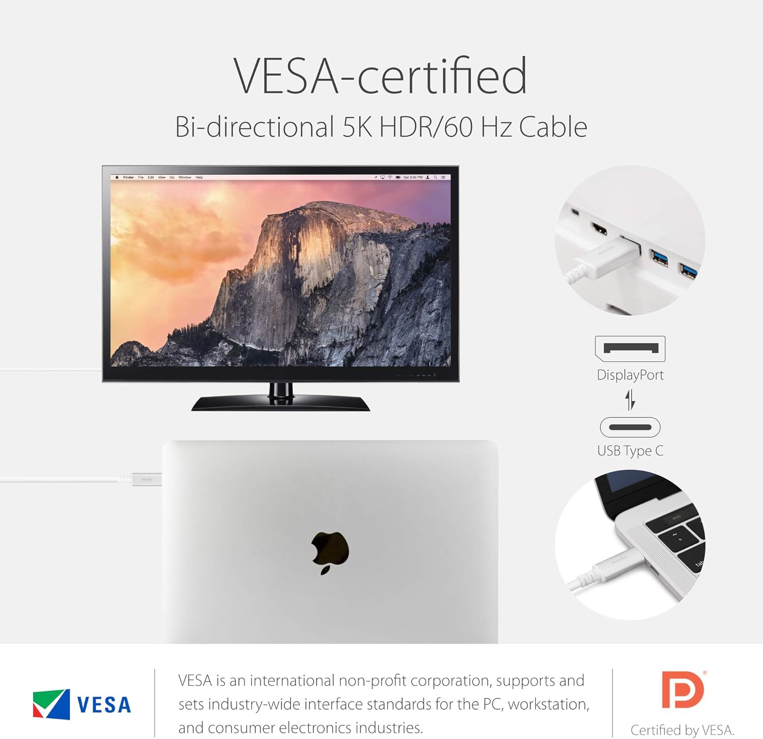 Moshi USB C to DisplayPort Cable 1.5m/5ft, Support 5K@60 Hz, 4K HDR, VESA Certified, Aluminum Housing, Thunderbolt 3 Compatible - Image 3