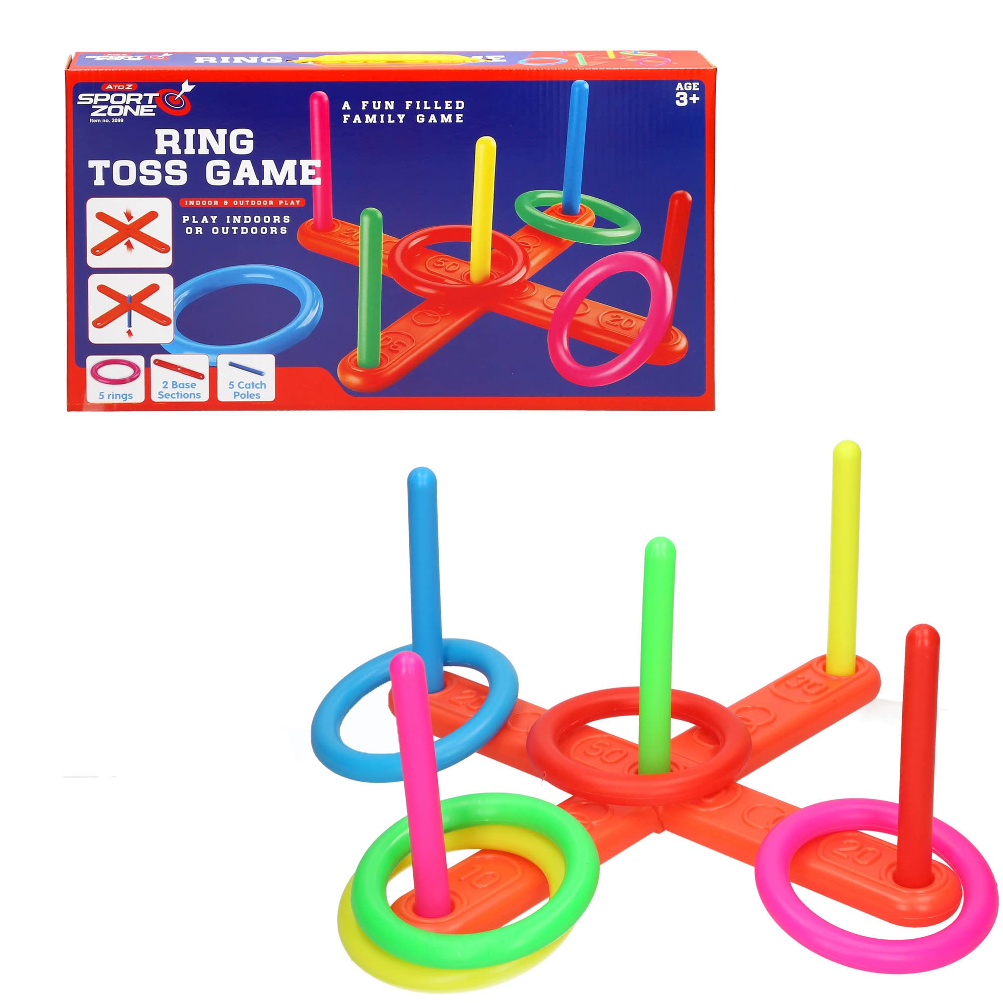 Sport Zone Ring Toss Game Set, Indoor & Outdoor Family Game, Ages 3+, 5 Rings, 5 Poles, 2 Base Sections
