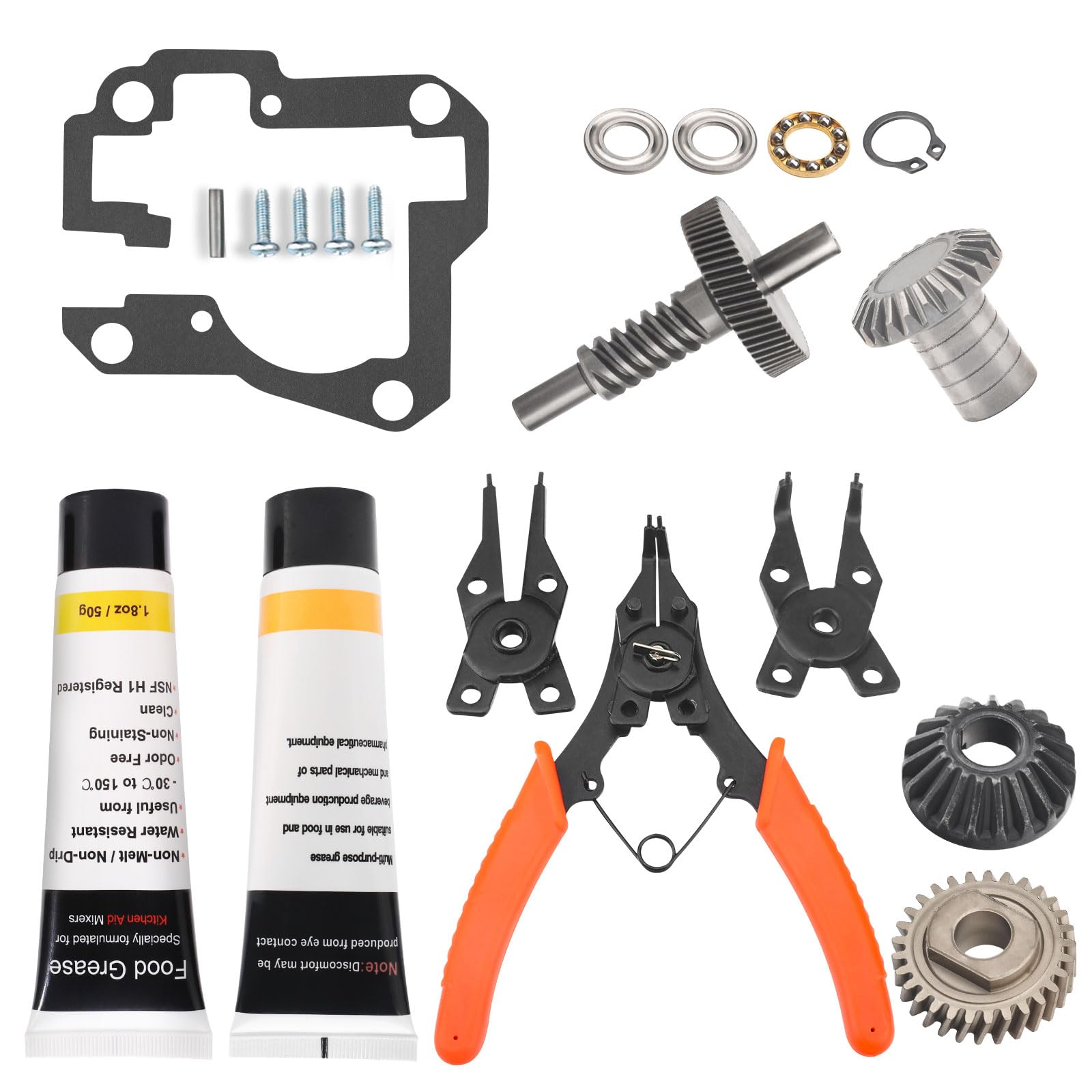 Worm Gear Kit 9706529, 9709511, 9703337, 9709231 Compatible With Whirlpool/KitchenAid 5QT & 6QT Stand Mixer with Worm Gear, Food Grade Grease, Retaining Ring Pliers, Mixer Bevel Gear Kit etc
