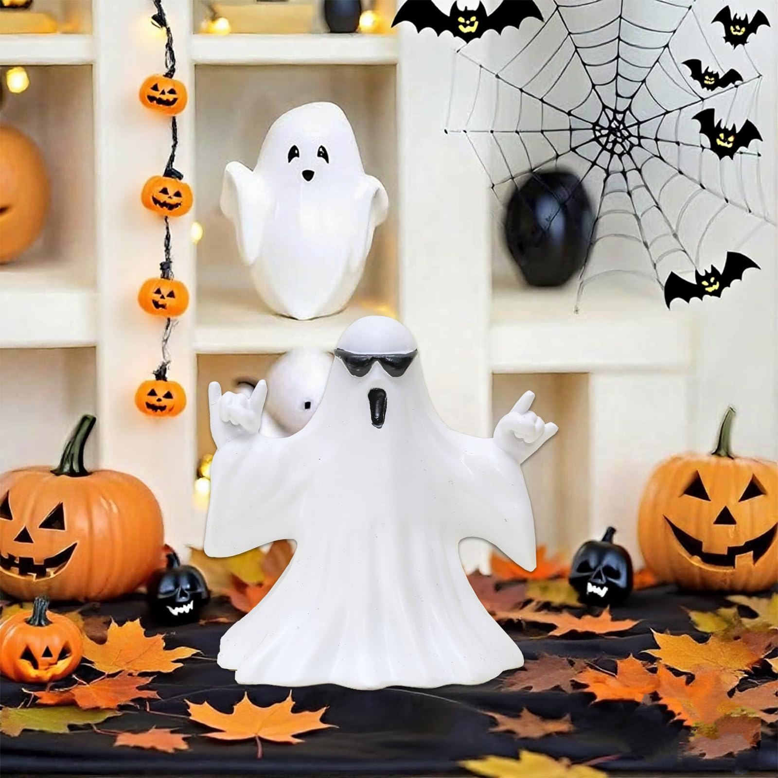 Halloween Ghost Figurine - Spooky Resin Ghost Statue, Cute Finger Spooky Decor for Halloween Decorations, Porch and Indoor Spooky Home Decor, Ghost with Glasses