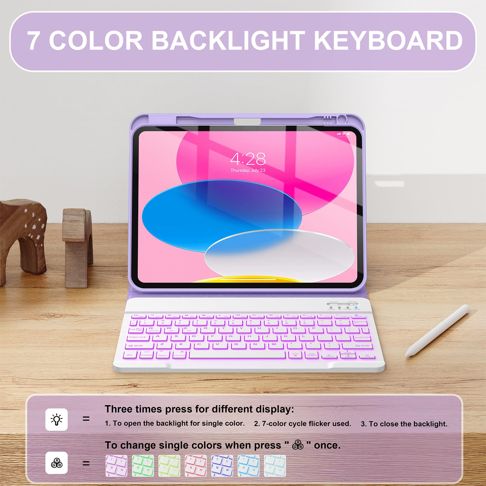 Soke for iPad (A16) 11th/10th Generation Case with Keyboard(2025/2022)-7 Color Backlight Wireless Detachable Folio Keyboard Cover with Built-in Pencil Holder for iPad 11/10.9 inch, Violet Marble