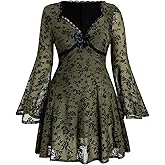 BEAUDRM Women's Y2k Plus Size Hippie Vintage Boho Dress Leopard Bell Long Sleeve V Neck Bow Mesh Goth Mini Dresses
