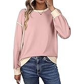SHEWIN Womens Sweatshirt Casual Long Sleeve Lightweight Crewneck Sweatshirts Loose Solid Contrast Trim Pullover Tops