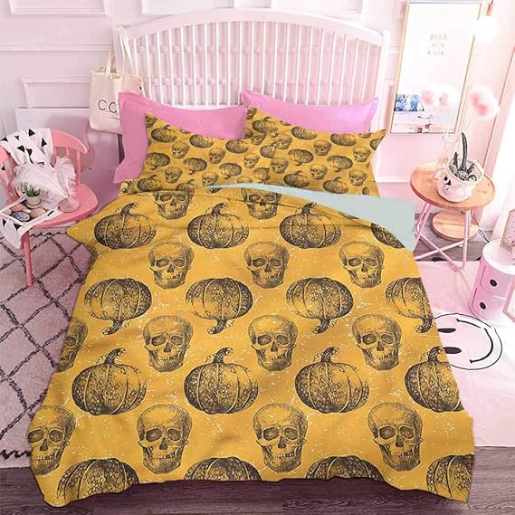 Hiiiman Bedding Cover Set with Zipper Ties Halloween Theme Scary Skull (3pcs, California King