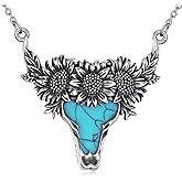 YAFEINI Turquoise Cow Head Skull Necklace 925 Sterling Silver Cow Skull Pendant Western Jewelry Gifts for Women