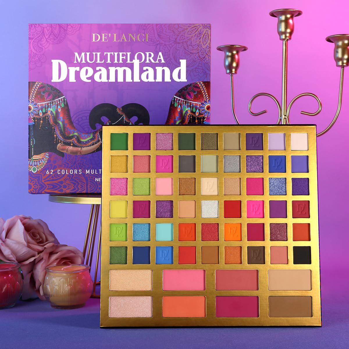 DE'LANCI Professional Eyeshadow Palette, Elephant Professional Makeup, 62 Eyeshadow Palette + 4 Blushes + 2 Highlighters + 2 Contour Palette, Multichrome Eyeshadow Ideal for Makeup Beginners
